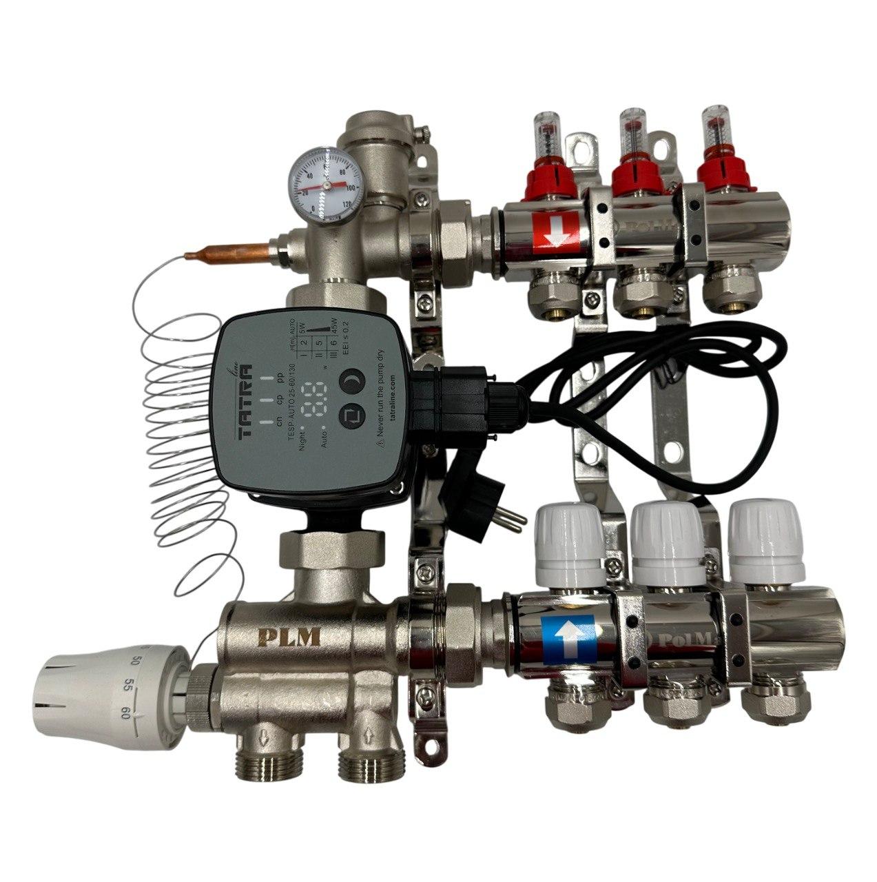 Колектор для теплої підлоги Polmark 3 контури (латунь) в зборі нижнє підключення з частотним насосом Польща