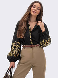 Вишита чорна жіноча сорочка на ґудзиках з колосками розміри S, M, L.