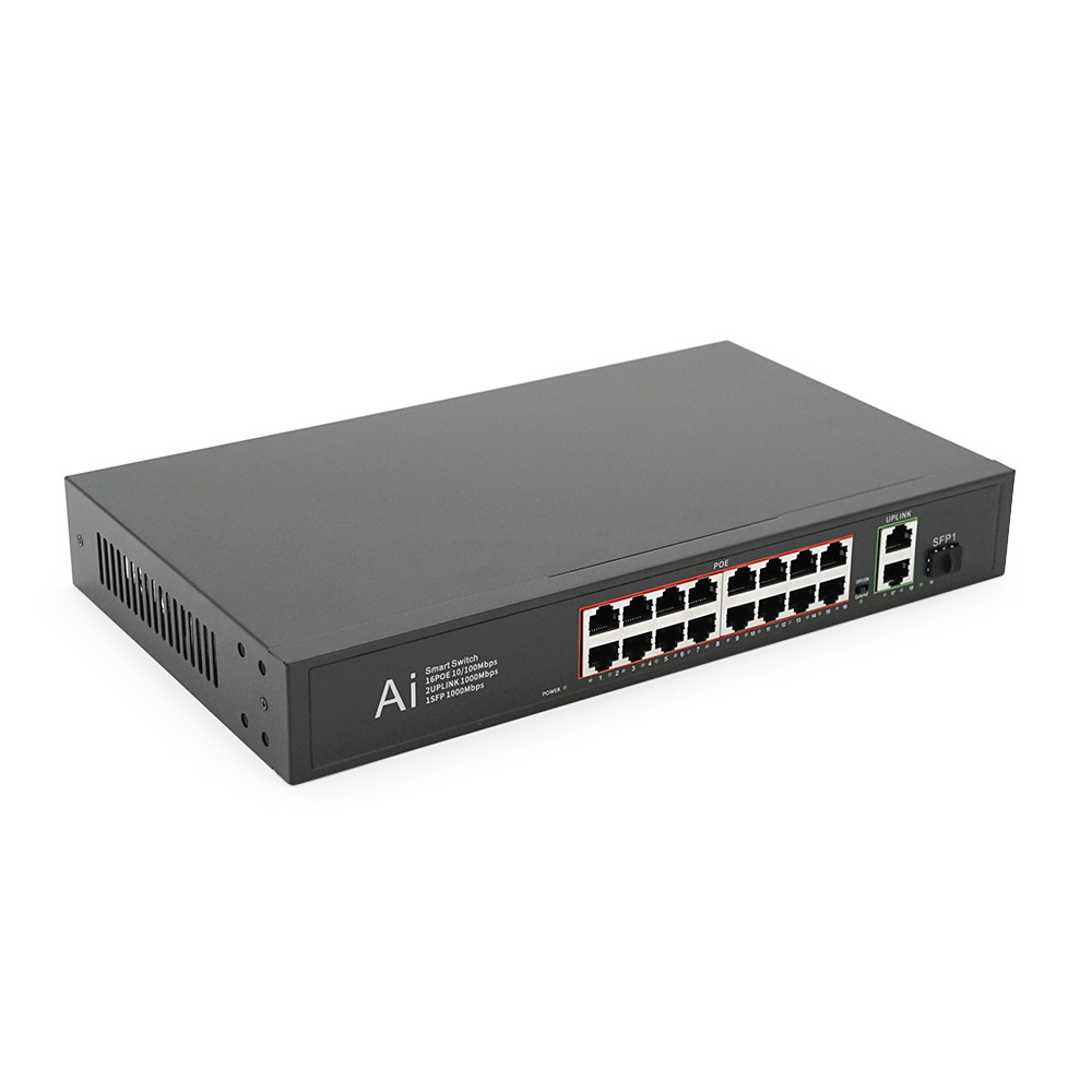 POE комутатор Merlion 16 POE 10/100 + 1 Single Fiber Tx 1310nm 20km + 2 RJ45 10/100/1000+ вбудований блок