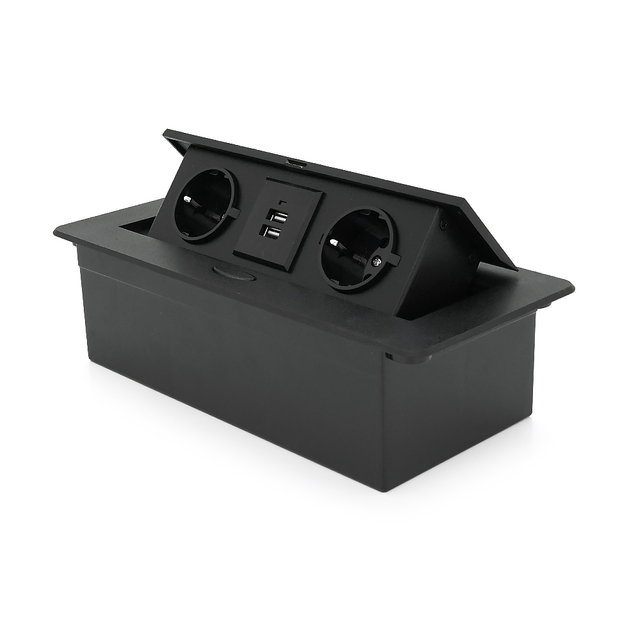 Розетка підлогова висувна із заземленням Voltronic J29L, дві розетки + 2*USB, Input: AC 100-250V 16A, колір - чорний