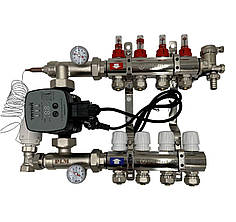 Колектор для теплої підлоги Polmark 4 контури (Латунь) з циркуляційним частотним насосом Польща