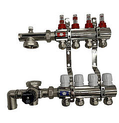 Колектор для теплої підлоги Polmark 4 контури (Латунь) у зборі з триходовим клапаном нижнє підключення Польща