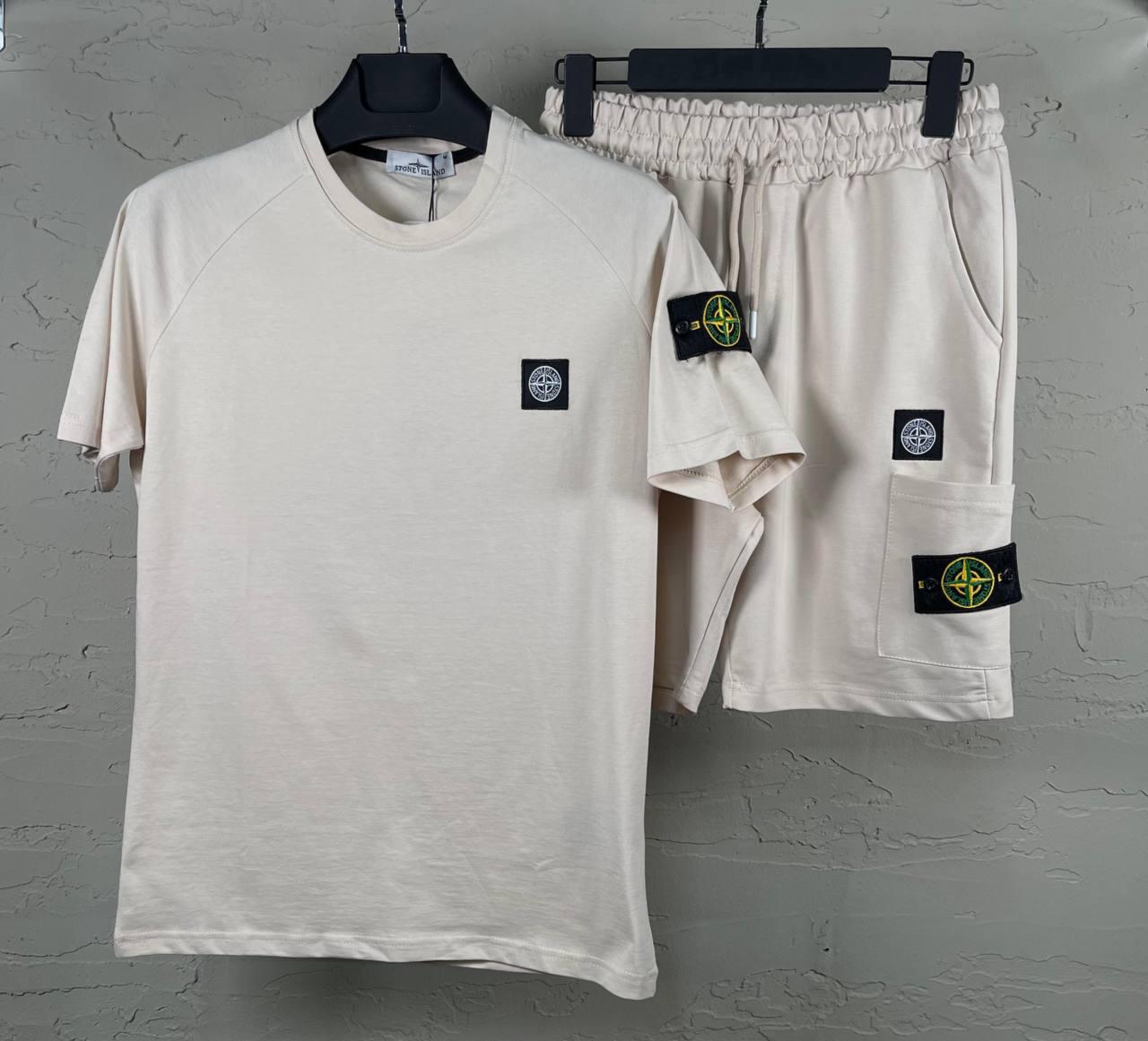 Чоловічий літній костюм футболка і шорти Stone Island Lactic Чоловічий комплект молочний Стон Айленд