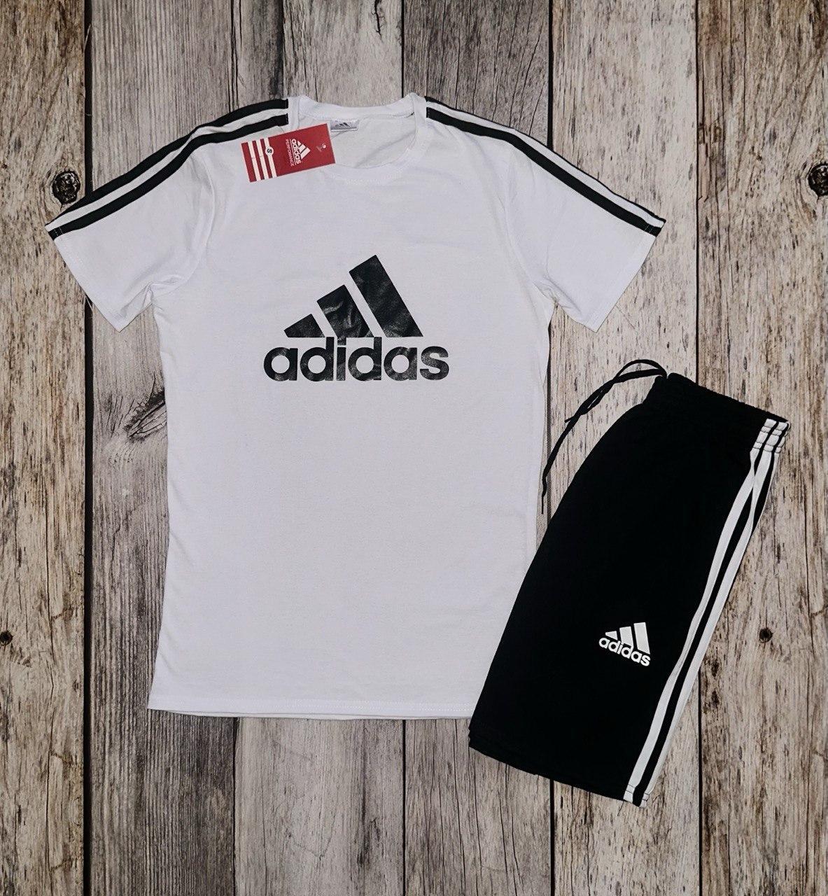 Чоловічий літній костюм Adidas Футболка + Шорти с лампасами чорно-білий Адідас на літо