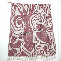 Пляжний рушник пештемаль бордовий лляний з бахромою двосторонній креветка