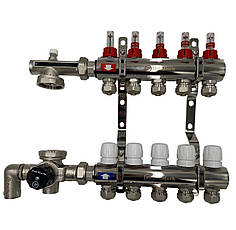 Колектор для теплої підлоги Polmark 5 контурів (Латунь) у зборі з триходовим клапаном нижнє підключення Польща