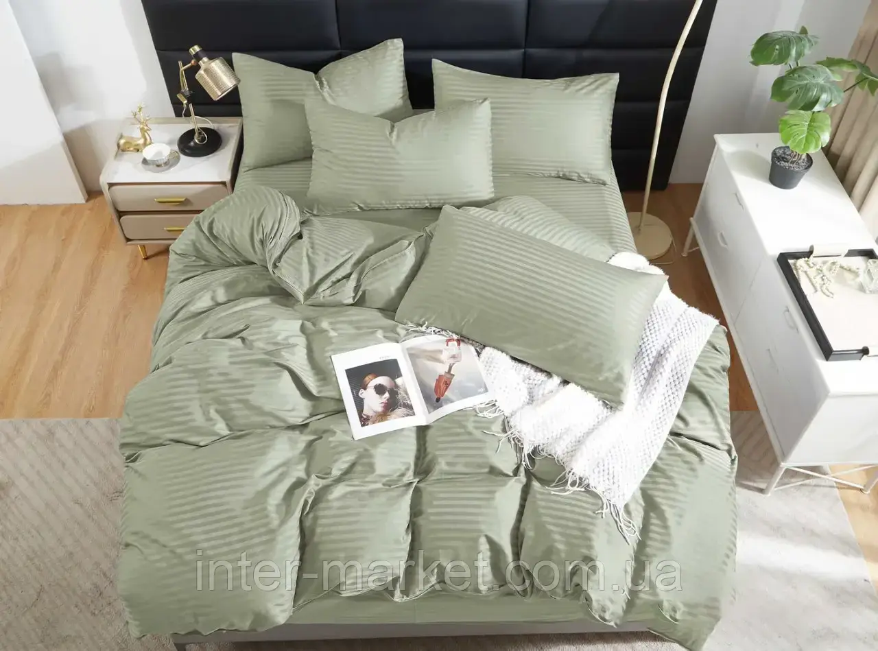 Полуторний комплект постільної білизни Страйп Сатин LUX 150*200 Оливка, фото 1