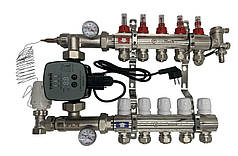 Колектор для теплої підлоги Polmark 5 контурів (Латунь) з циркуляційним частотним насосом Польща
