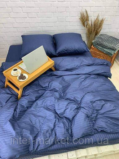 Двуспальний комплект постільної білизни Страйп Сатин LUX 180*220 Синій