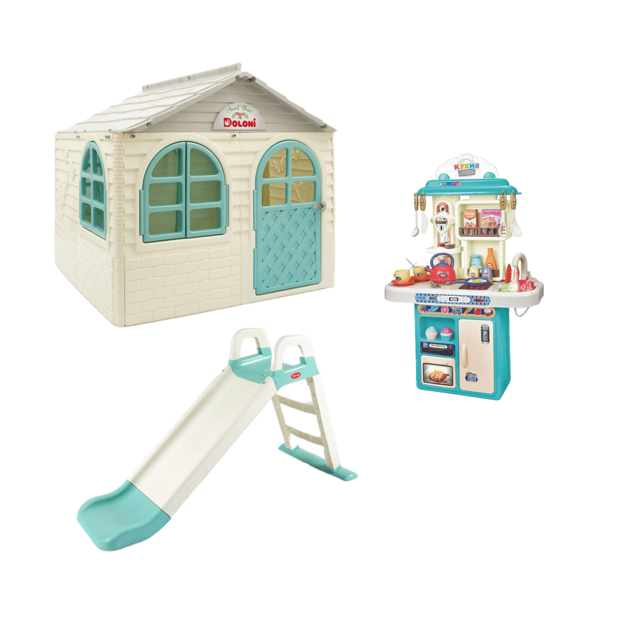 НАБІР Дитячий середній ігровий пластиковий будиночок зі шторками, дитяча пластикова гірка ТМ Doloni і кухня RP Toys, фото 1