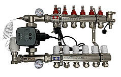 Колектор для теплої підлоги Polmark 6 контурів (Латунь) з циркуляційним частотним насосом Польща
