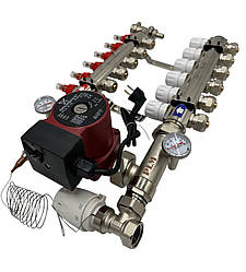 Колектор для теплої підлоги Polmark 6 контурів (Латунь) у зборі з циркуляційним насосом Польща