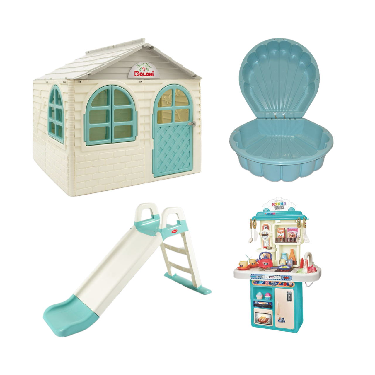 НАБІР Дитячий середній ігровий будиночок зі шторками, дитяча пластикова гірка, пісочниця мушля ТМ Doloni і кухня RP Toys, фото 1