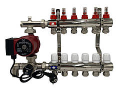 Колектор для теплої підлоги Polmark 6 контурів (Латунь) з трьох ходовим клапаном у зборі з насосом Польща