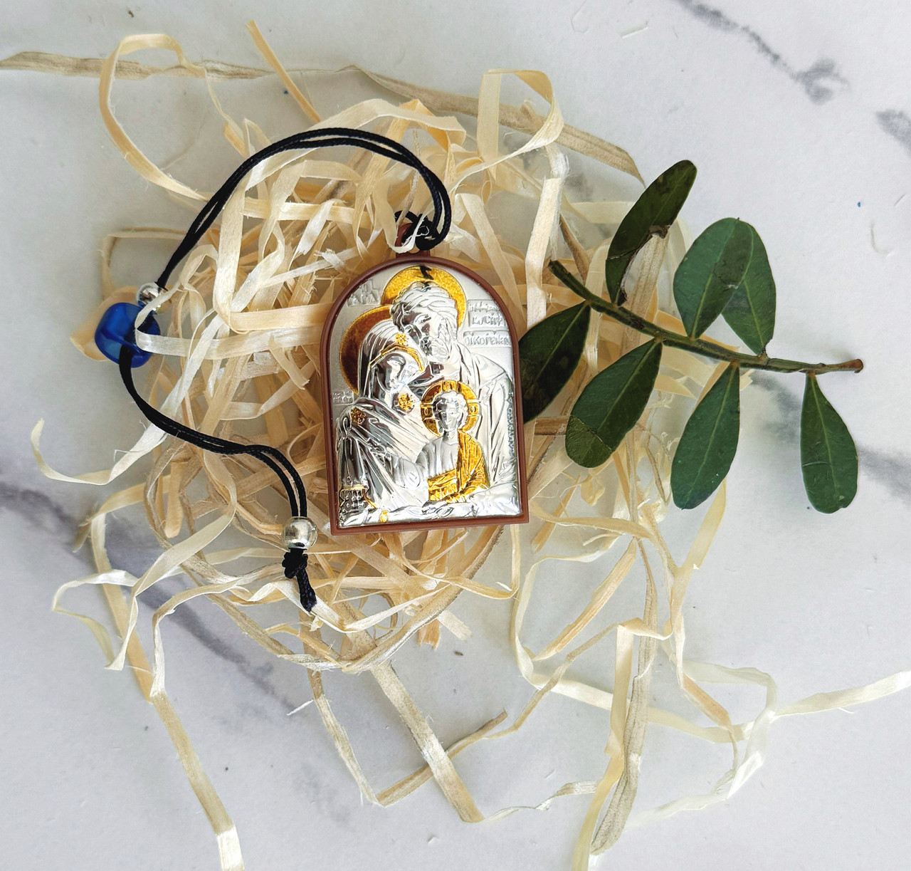 Підвіска в машину двостороння Свята Сім'я і Спаситель 3,6x2,6см срібна іконка в машину / оберіг в машину / подарунок для водія, фото 1