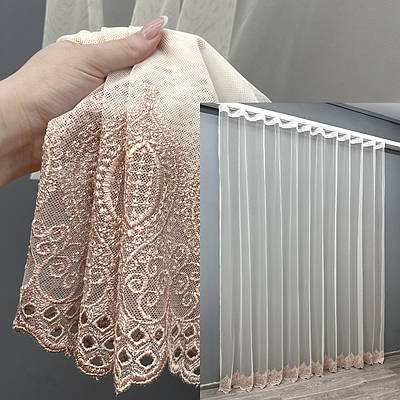 Тюль "Грек-сітка" з вишивкою. Колір молочний з пудровим. Код 1659т