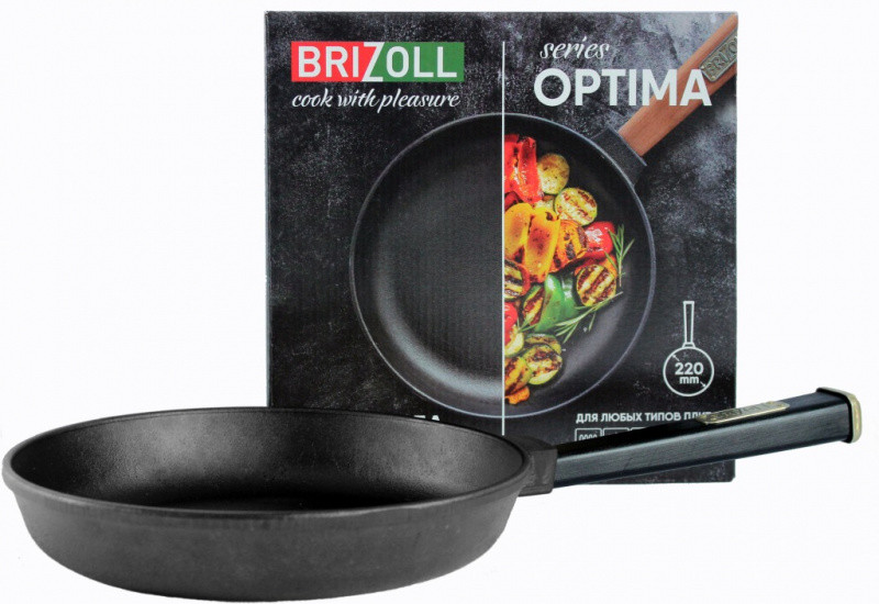 Сковорода чавунна без кришки ТМ "BRIZOLL" 220х42,5 мм з ручкою "Optima-Black" (02240-P1), фото 1