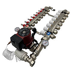 Колектор для теплої підлоги Polmark 7 контурів (Латунь) у зборі з циркуляційним насосом Польща