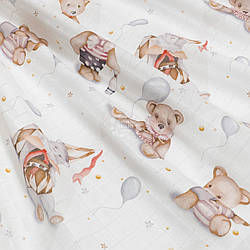 Муслін у квадратики з цифровим друком digital "Ведмедики з кеглями та сірі кульки"