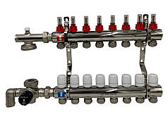 Колектор для теплої підлоги Polmark 7 контурів (Латунь) у зборі з триходовим клапаном нижнє підключення Польща