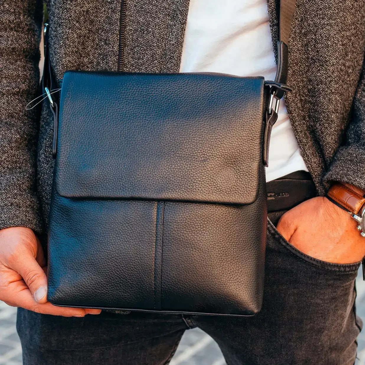 Чоловічий класичний месенджер через плече шкіряний чорний Tiding Bag 2862 _ bags25, фото 1