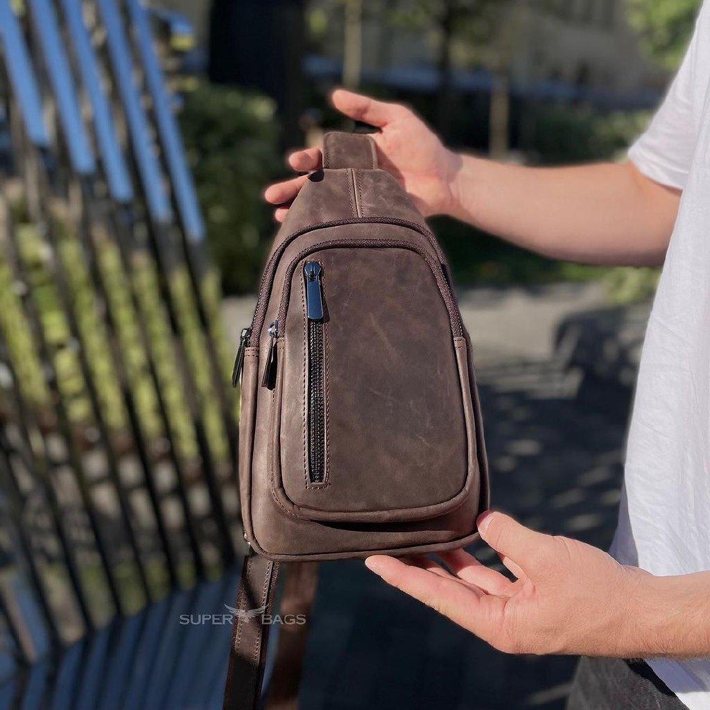 Чоловічий слінг зі шкіри крейзі хорс в коричневому кольорі 6349 _ bags25, фото 1