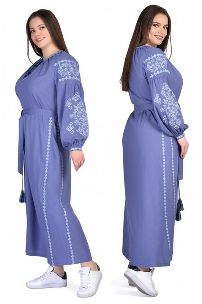 Блакитна сукня-вишиванка Марія | Льон, максі довжина, розміри: S, M, L, XL, 2XL, 3XL