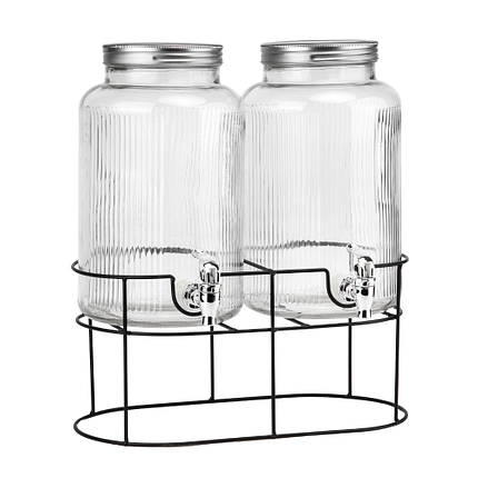 Набір із 2 лимонадниць із краном на металевій підставці 5,5 л 48х35 см 19227-006 скло, фото 1