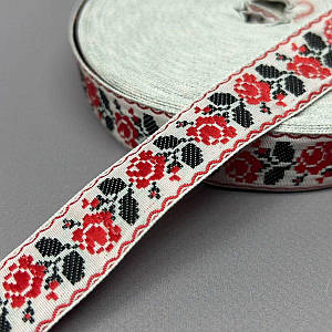 2см Тасьма національна з орнаментом - червона троянда на білому