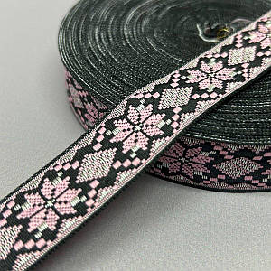 2см Тасьма національна з орнаментом - ромб рожевий на чорному