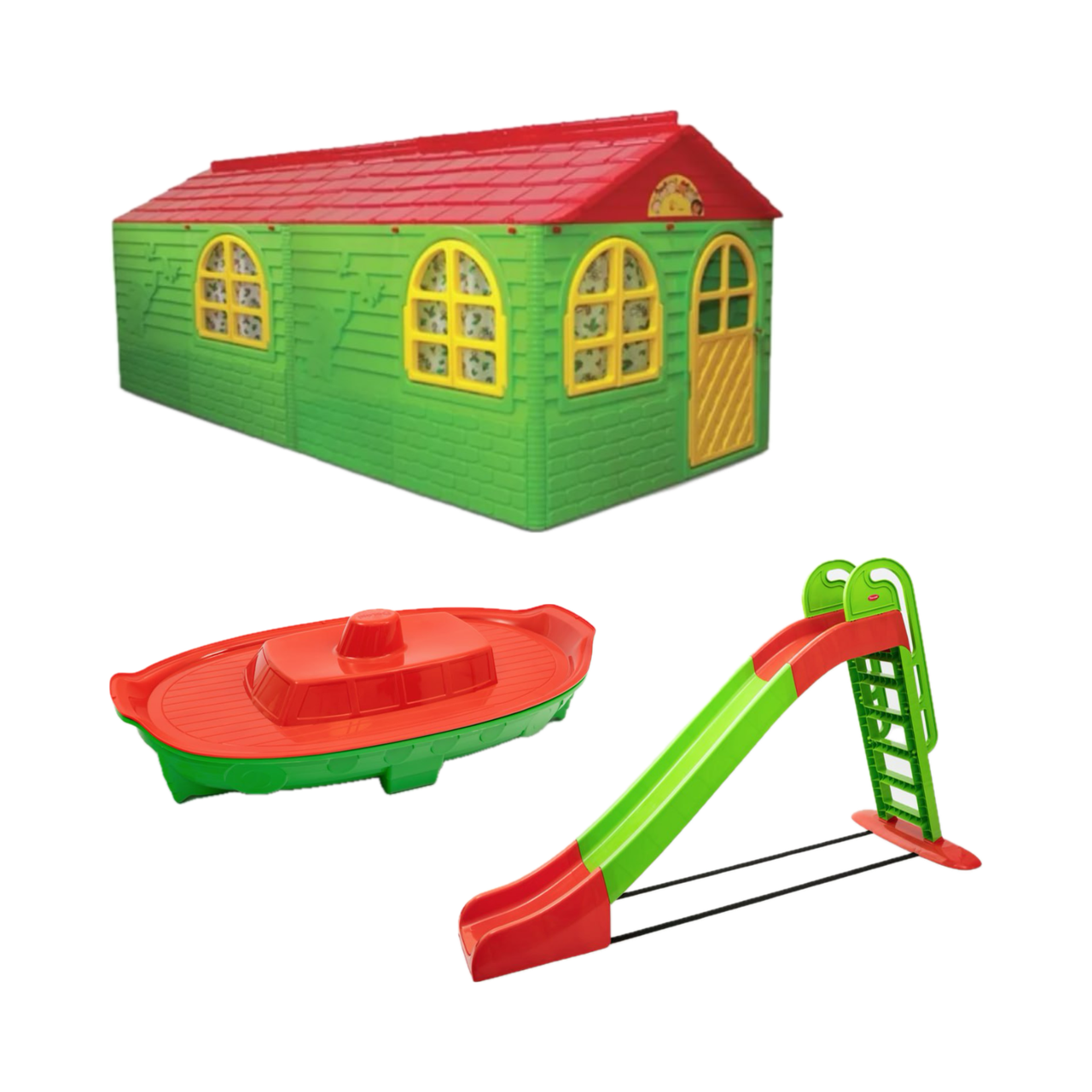АКЦІЯ НАБІР Дитячий пластиковий МЕГА будиночок зі шторками, велика пластикова гірка та пісочниця ТМ Doloni, фото 1