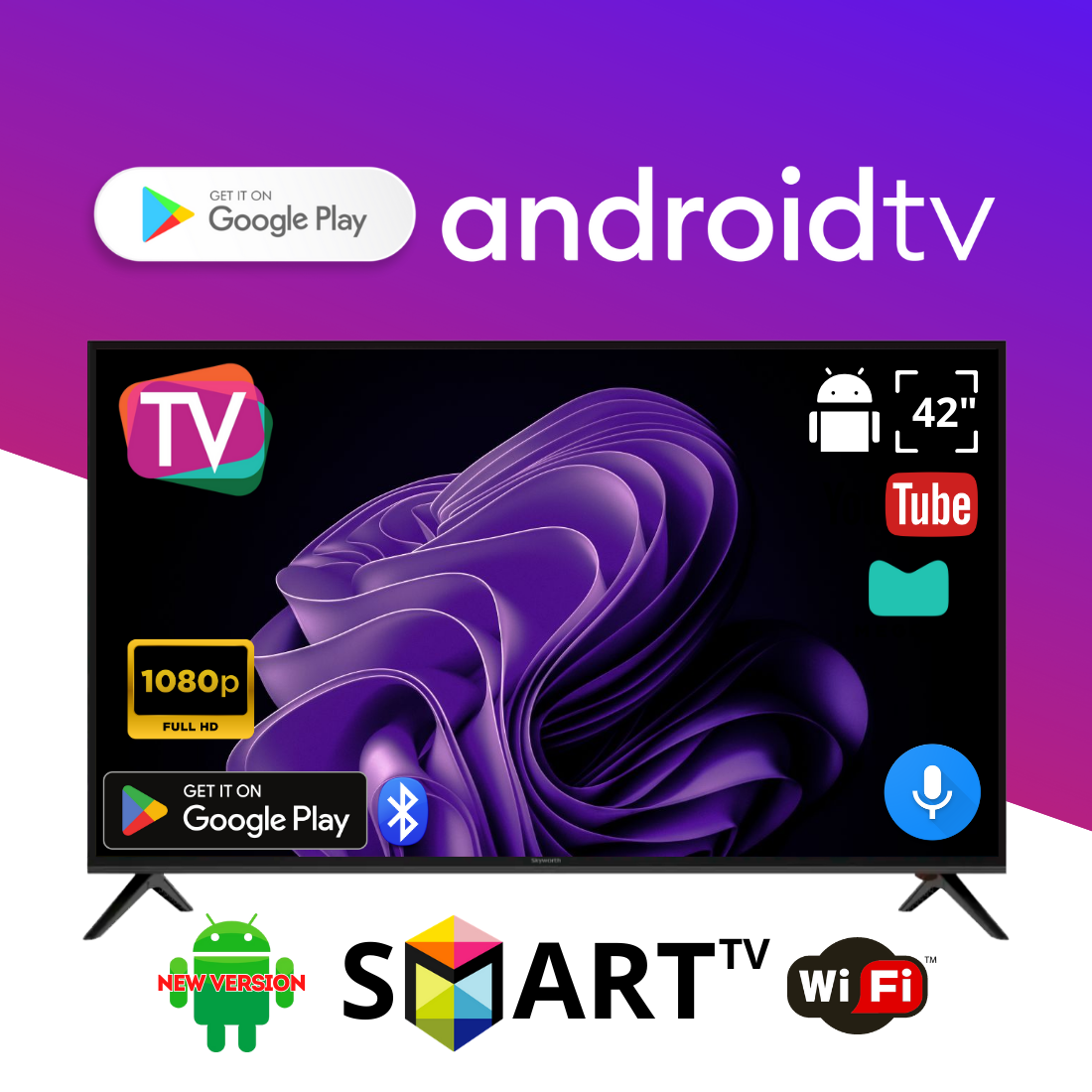 Телевізор Skyworth 42" I Андроїд 15.0 Smart TV T2 FullHD USB (1980x1080) блютуз голосове введення
