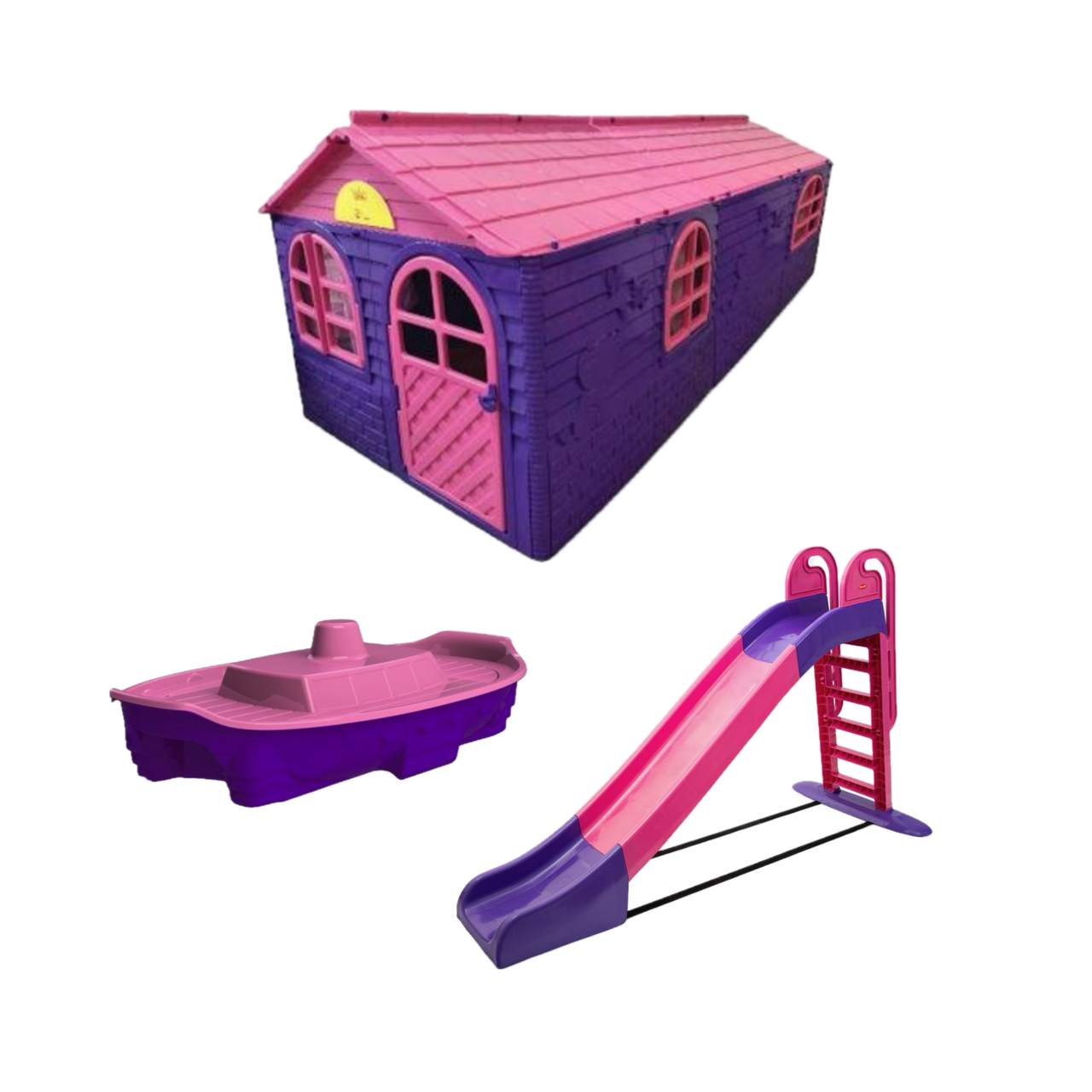 НАБІР Дитячий пластиковий МЕГА будиночок зі шторками, велика пластикова гірка та пісочниця ТМ Doloni, фото 1