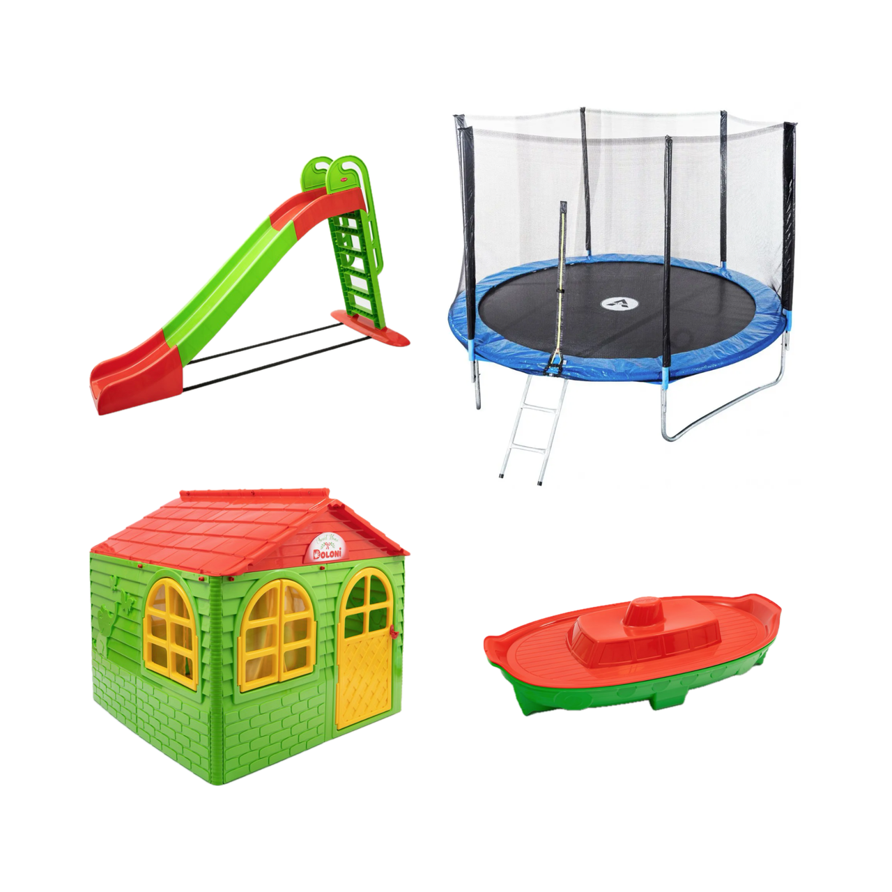 АКЦІЯ НАБІР "ТОП" Дитячий пластиковий будиночок зі шторками, велика пластикова гірка, пісочниця Doloni і батут 252 см, фото 1