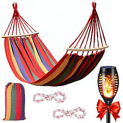 Гамак із планкою 200х80 см + Подарунок Садовий світильник Solar flame / Мексиканський гамак / Гамак тканинний