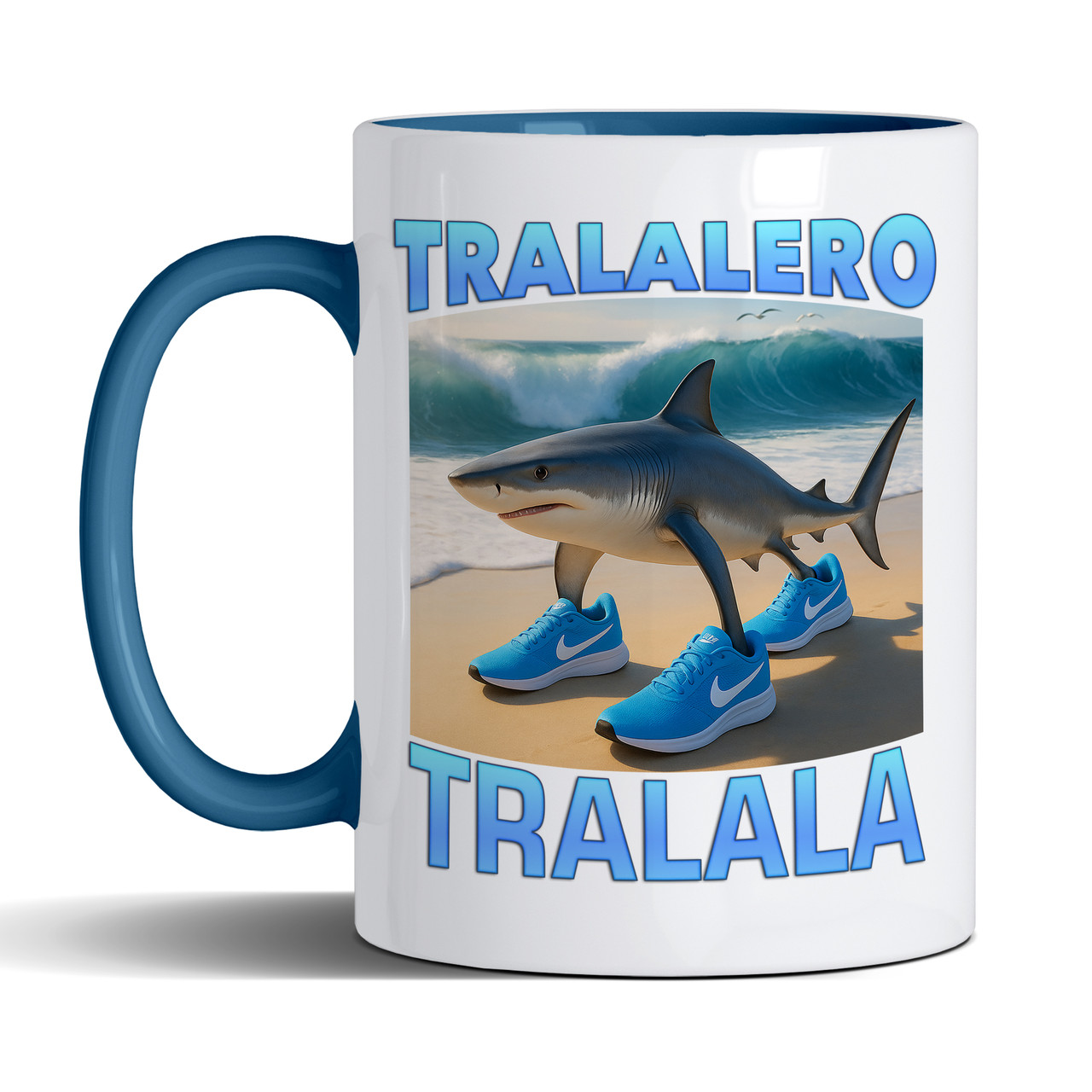 Чашка 330 мл з блакитною ручкою з приколом Tralalero Tralala/Тралалеро тралала