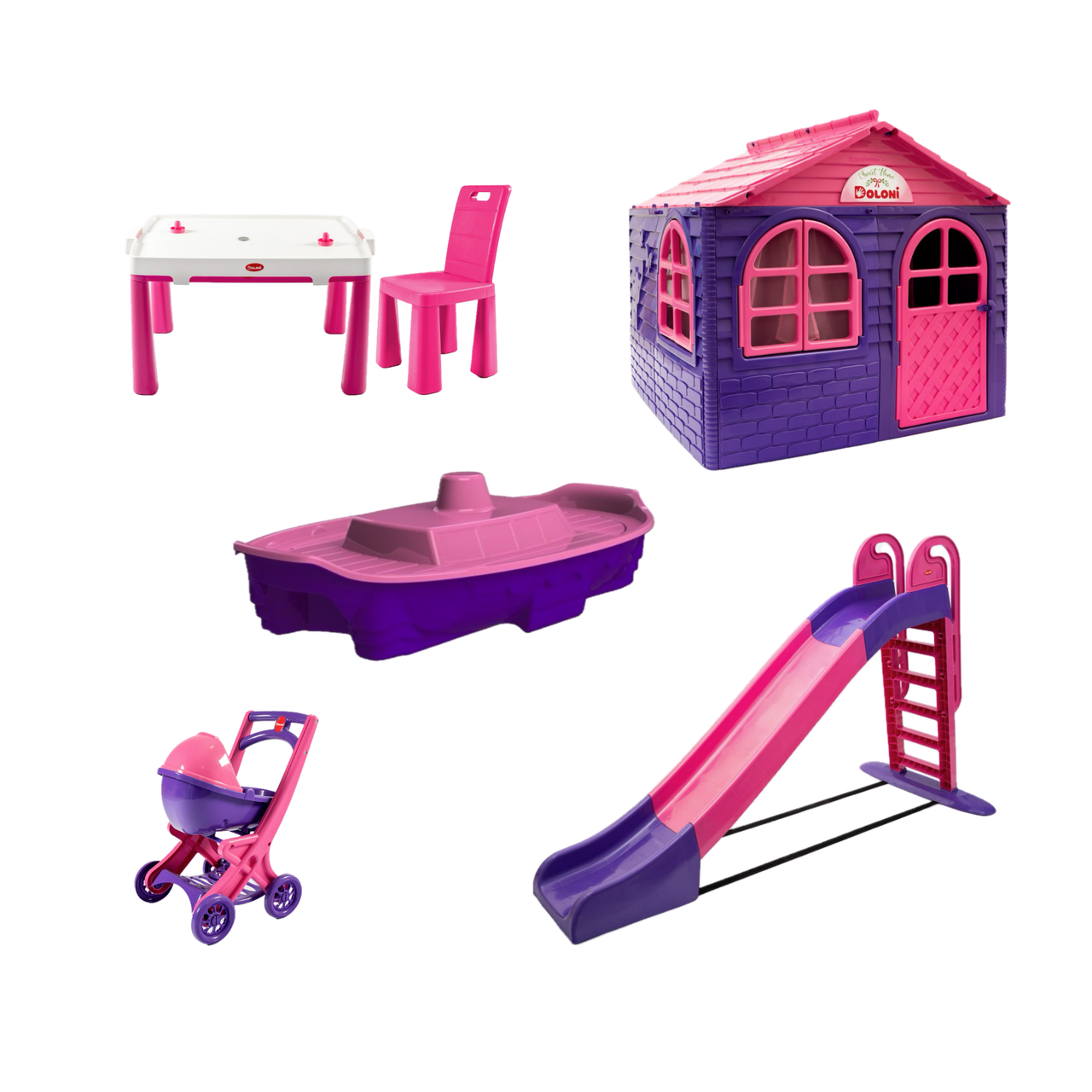 МЕГА НАБІР Середній будиночок зі шторками, велика пластикова гірка, столик зі стільчиком і пісочниця ТМ Doloni, фото 1