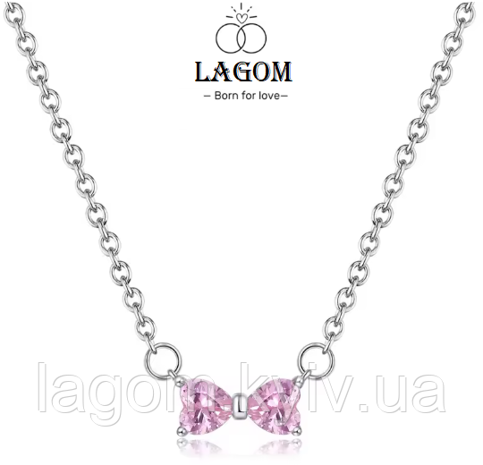 Срібне намисто в стилі PANDORA "Блискучий рожевий бант" 925 проба кольє підвіска ПАНДОРА, фото 1