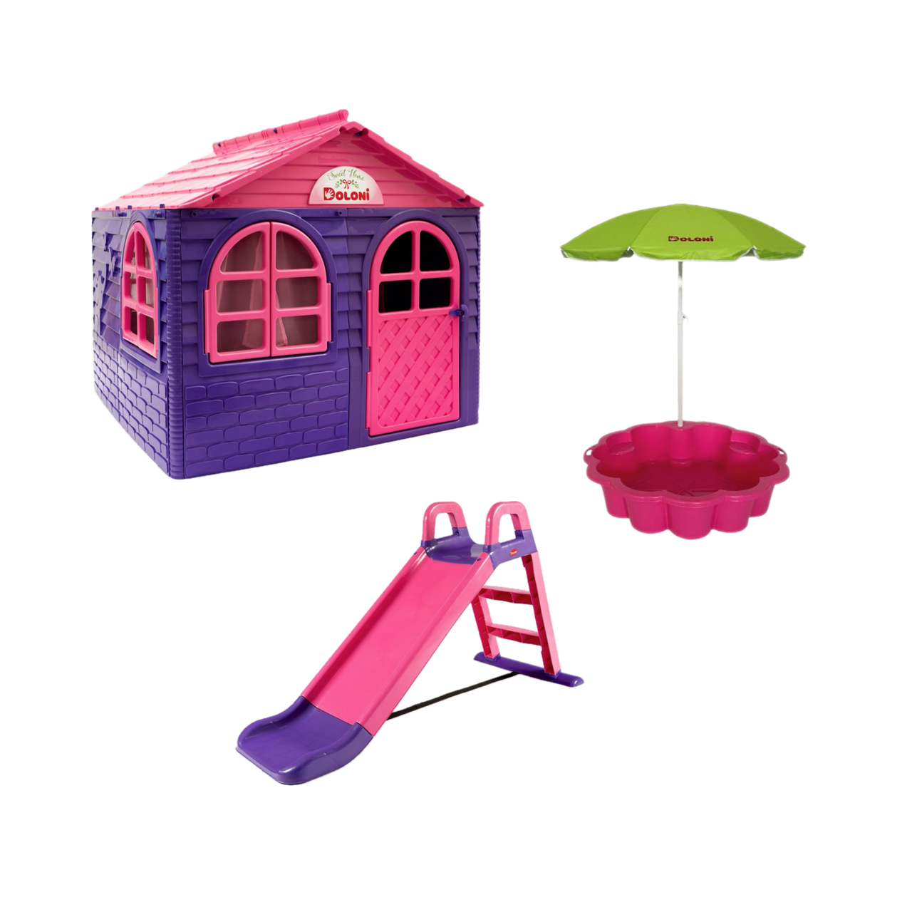 НАБІР Дитячий середній ігровий будиночок зі шторками, дитяча гірка та пісочниця квітка з парасолькою ТМ Doloni, фото 1