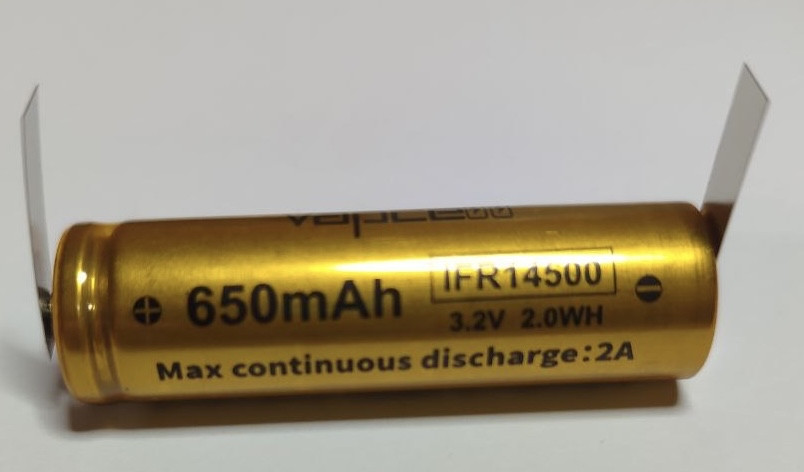 Акумулятор Vapcell IFR14500 3.2 V 650 мА·год розрядний струм 2 А LiFePO4 без захисту AA з виведеннями