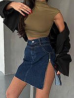 Мини юбка женская темно синего цвета короткая стильная юбка с разрезом от бедра на молнии