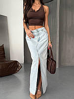 Женская юбка длинная голубого цвета повседневная стильная юбка джинсовая с разрезом впереди