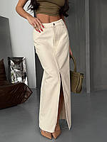 Длинная женская юбка бежевого цвета стильная юбка миди с разрезом впереди