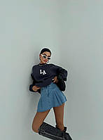 Женская мини юбка синего цвета стильная короткая юбка с высокой посадкой и складками