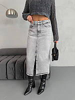 Женская юбка джинсовая серо голубого цвета стильная длинная юбка миди с разрезом впереди