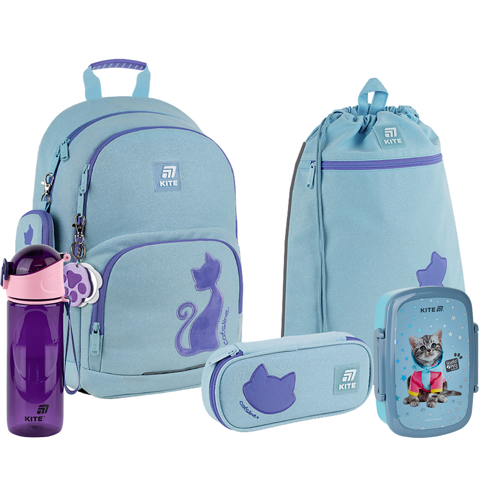 Шкільний набір Kite 5 в 1 Education Catsline SET_K25-585M-1 (рюкзак, пенал, сумка), фото 1