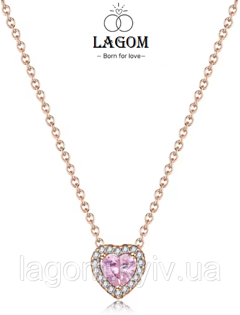 Срібне намисто в стилі PANDORA золотисте кольє "Блискуче рожеве серце з ореолом" ПАНДОРА, фото 1