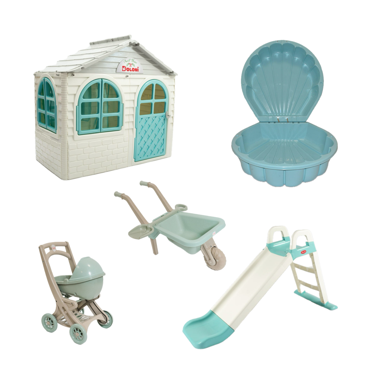 НАБІР Дитячий будиночок зі шторками, гірка, тачка з лопаткою, коляска та пісочниця мушля ТМ Doloni, фото 1