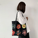 Сумка жіноча шопер тканинної на змійці чорний з принтом, фото 2