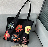 Сумка жіноча шопер тканинної на змійці чорний з принтом, фото 5